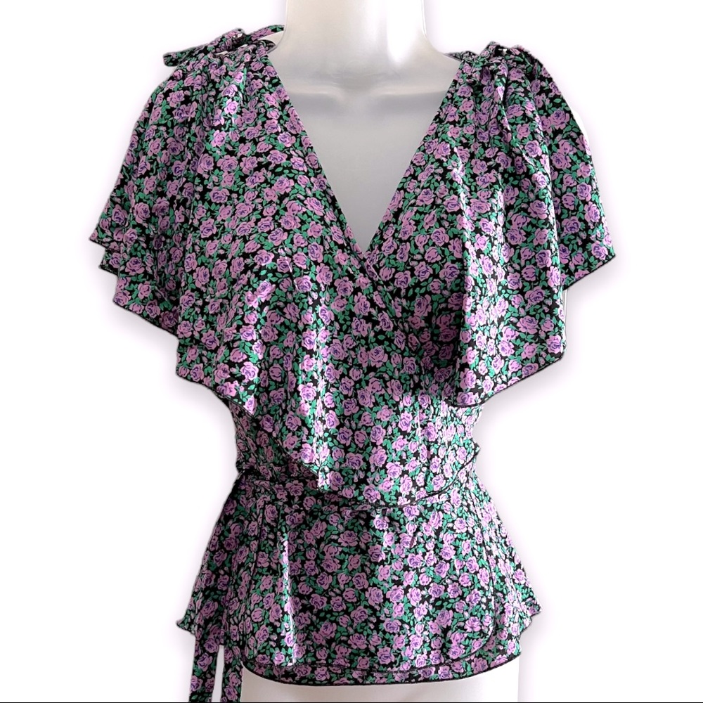 ASOS NWT Split Flutter Sleeve Peplum Wrap Top Blouse Purple Floral Black Size 0